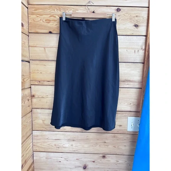 Black Satin Bias Cut Midi Skirt Slip Minimalist Y2K Chic Size MEdium - Picture 3 of 6